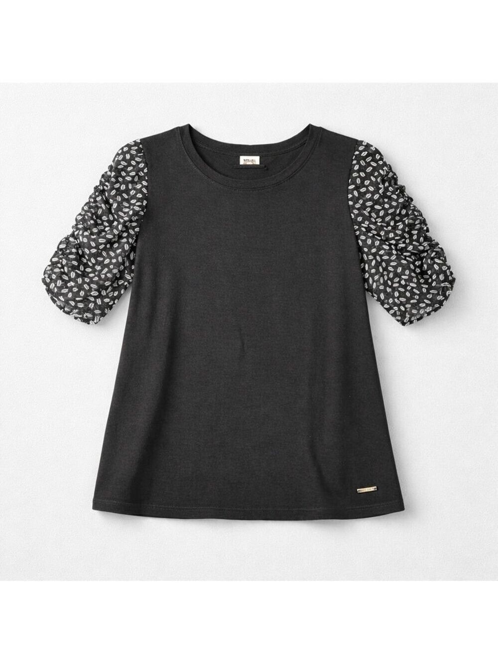 Anne Klein Women's Black Top Medium Ruched Sleeves Leaf Print Detail Casual...